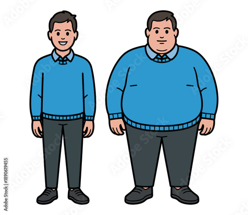 A cartoon illustration of two men with different body types wearing identical blue sweaters and gray pants