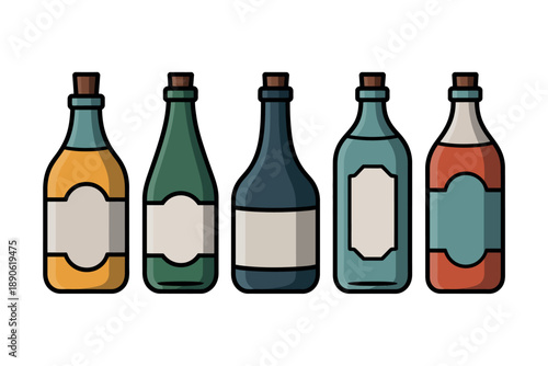 A colorful illustration of five wine bottles with blank labels on a white background