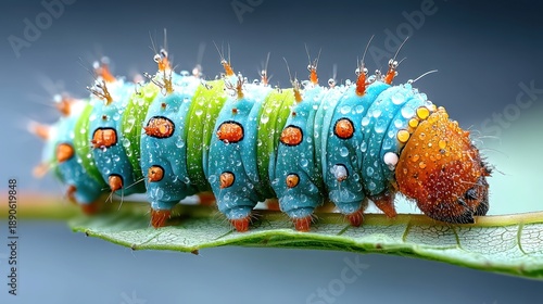Colorful caterpillar with water droplets on green leaf macro closeup