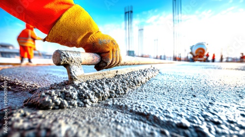 Construction Worker Finishing Concrete Surface with Trowel Tool