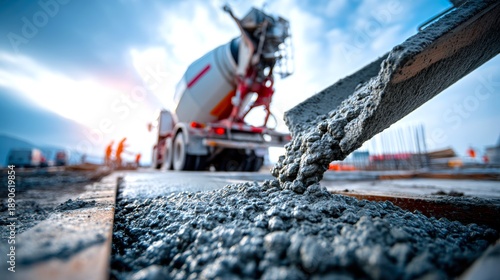 Construction Site with Concrete Mixer and Freshly Poured Concrete