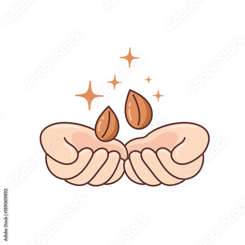 Hands holding seeds, planting the seeds of future concept. Concept of growth, sustainability, and lifting others. Flat line art illustration in pastel colors. Vector design.