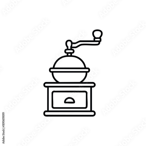 Vintage coffee grinder line icon black and white vector illustration for cafe and coffee shop design