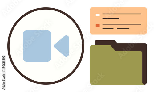 Media organization, video storage, data management, digital filing, archiving videos, metadata handling. A camera icon, file folder and metadata panel. Media organization and video storage concept