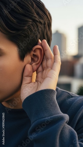 Wallpaper Mural Person cupping ear to listen intently, representing deafness awareness, hearing loss challenges, and ear health concerns in an urban environment Torontodigital.ca