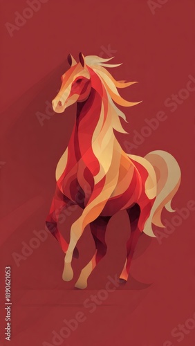 Year of the Fire Horse, stylized fire horse, flat design with soft gradients, modern Chinese, red background
