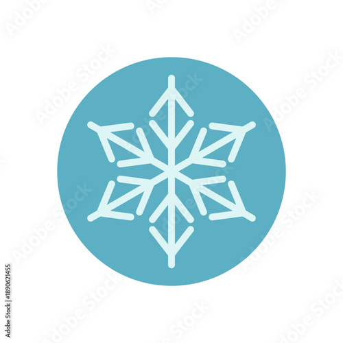Snowflake sticker icon in a blue circle with white line ornament. Winter frost seal for frozen package or xmas gift, cold ice ornament and snow flake symbol, perfect for holiday package or product