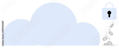 Cybersecurity, data loss, cloud computing, financial security, digital safety, online protection. A cloud icon with coins flowing from a lock. Cybersecurity and data loss concepts