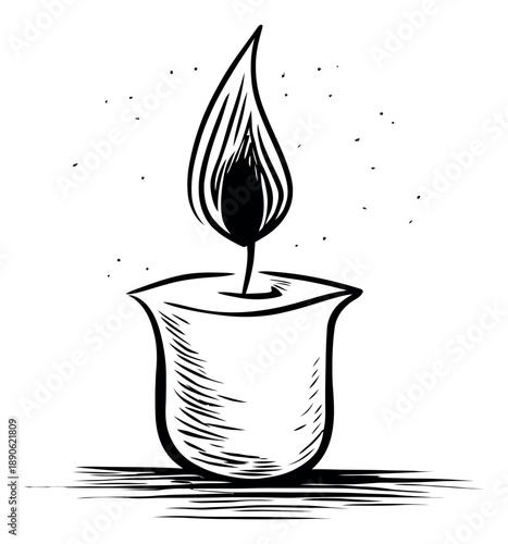 Hand drawn line art illustration of candle depicting a flickering flame for spirituality and celebration