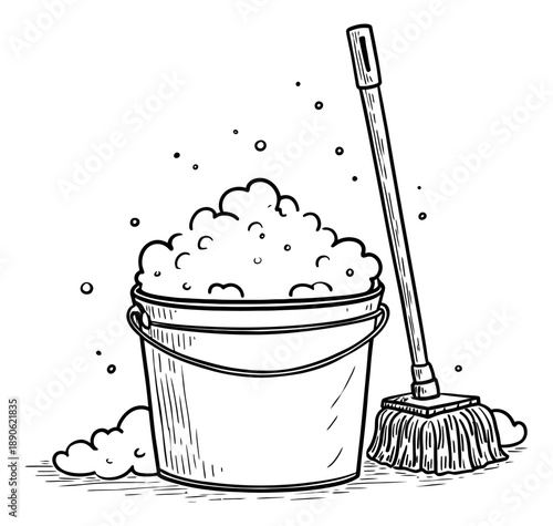 Hand drawn line art illustration of a bucket and mop depicting cleaning supplies for household chores