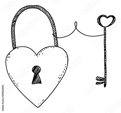 Hand drawn line art illustration of a heart padlock and key depicting love and security for Valentine's Day