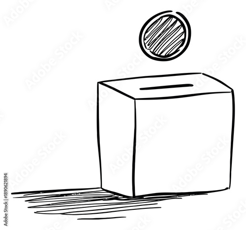 Hand drawn line art illustration of a ballot box with a coin depicting a vote being cast for elections
