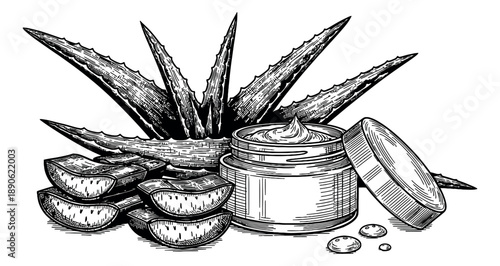 Hand drawn line art aloe vera and skincare set featuring aloe leaves, slices, and a cream jar for natural cosmetic branding