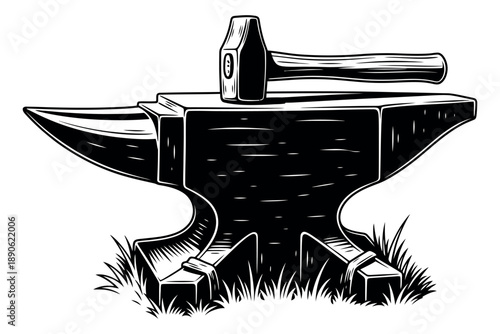 Vintage hand drawn line art illustration of an anvil and hammer depicting blacksmith equipment for traditional craftsmanship