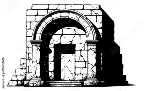 Hand drawn line art illustration of a ruined stone archway depicting ancient decay and mystery for fantasy games and historical themes