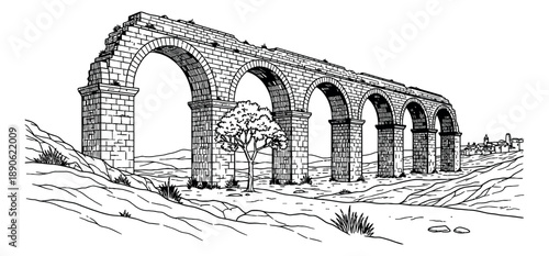 Hand drawn line art illustration of a Roman aqueduct depicting an ancient structure in a landscape for history and travel concepts