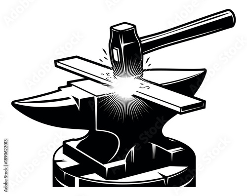 Vintage line art illustration of an anvil and hammer depicting metal forging with sparks for craftsmanship