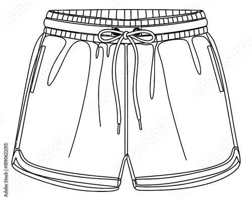 Hand drawn line art illustration of athletic shorts depicting a casual garment with a drawstring waist for fashion