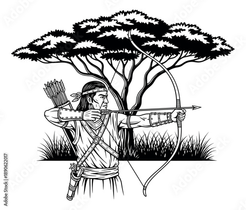 Line art illustration of an archer warrior depicting aiming his bow and arrow for historical or hunting themes