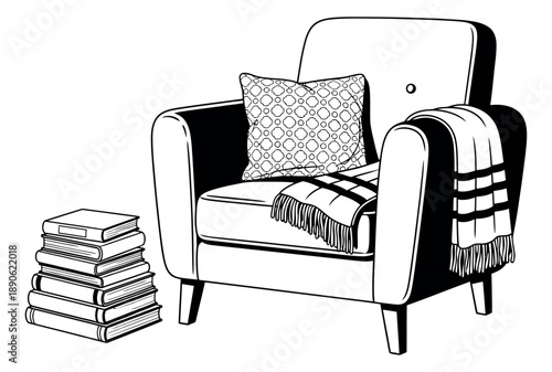 Hand drawn line art illustration of an armchair and books depicting a cozy reading corner for home decor concepts