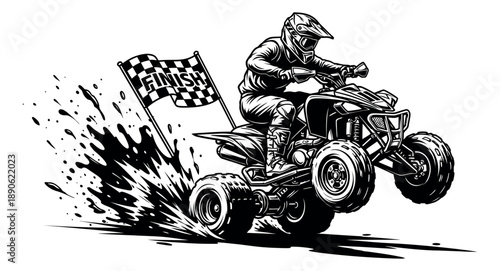 Hand drawn line art illustration of an ATV rider depicting a racer jumping past a finish line with mud splashes for extreme sports promotion
