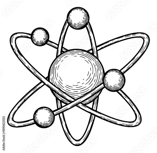 Hand drawn line art illustration of an atom model depicting electrons orbiting a nucleus for science education