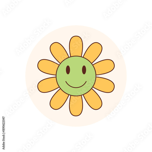 Groovy retro smiley flower sticker in bright yellow cartoon graphic style as a happy seal. Y2k circle label for package lid adds fun and positive accent, ideal for product or creative delivery