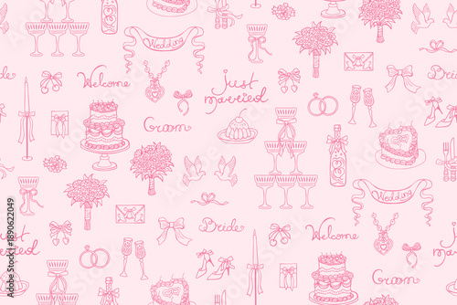 Whimsical wedding seamless pattern in hand drawn doodle ink sketch style. Coquette vintage mood with romantic elements, cakes, champagne, candles, bows and love symbols. Elegant casual line art charm