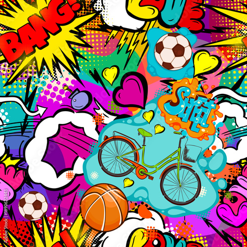 Seamless graffiti sports background . Hand drawn. Not AI, vector illustration.
