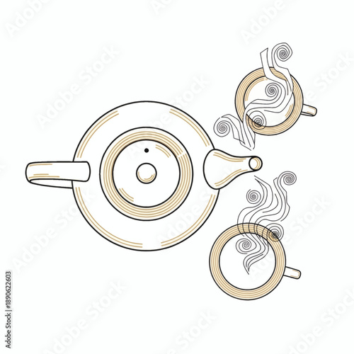 Overhead view of a teapot pouring hot tea into two steaming cups.