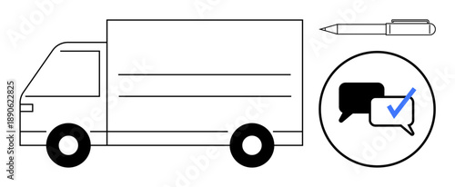 Delivery truck illustration with chat bubble featuring a checkmark and pen. Ideal for logistics, communication, customer service, delivery management, quality assurance, transportation, simple flat