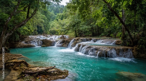 Visitors can enjoy the peaceful atmosphere and vibrant colors of turquoise waters flowing over rocks in the rainforest. Sunlight filters through the trees enhancing the beauty of the scenery.