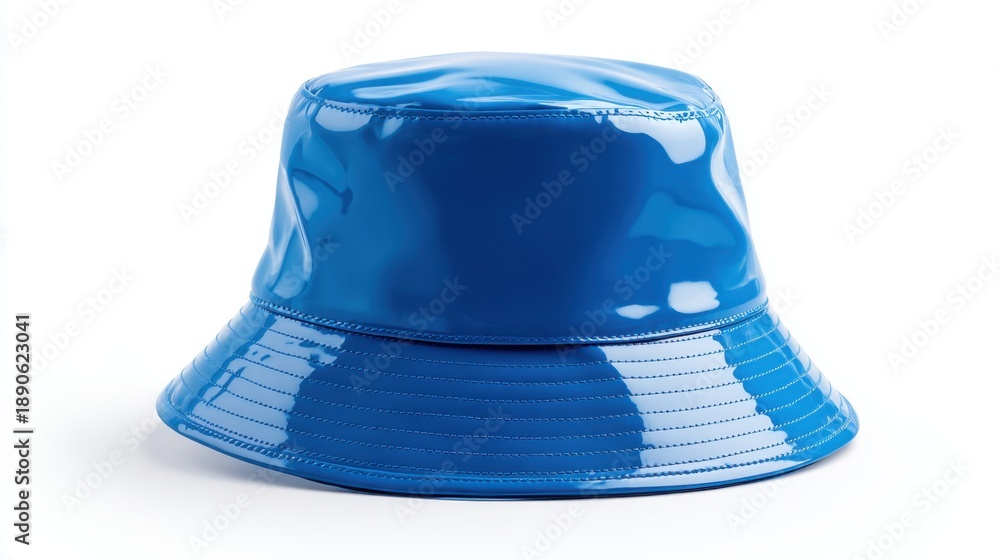 Fototapeta premium A bright blue bucket hat sits on a simple background highlighting its glossy texture and stylish appearance. This trendy accessory adds color to any outfit.