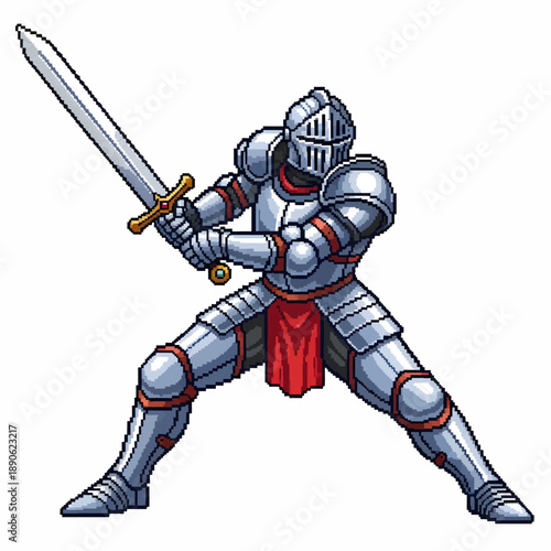 Valiant Knight in Full Armor with Sword Ready for Battle.
