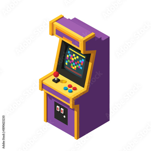 Isometric Retro Arcade Game Machine with Joystick and Buttons.