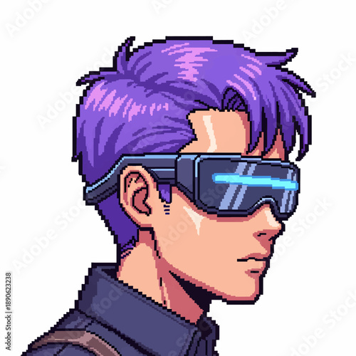 Pixel art profile of a man with purple hair wearing futuristic VR glasses.