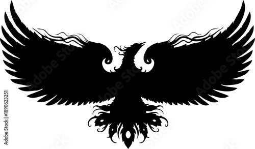 A black silhouette of an eagle with outstretched wings and decorative feathers on a white background