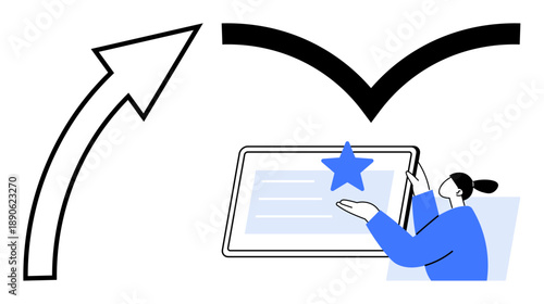 Growth, achievement, transformation, education, goal setting, digital learning. Person pointing to a star on a tablet screen with an upward arrow and checkmark. Growth and achievement visualization