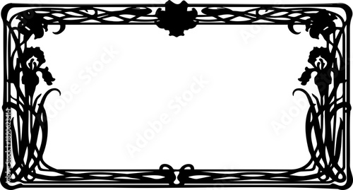 A black and white vector graphic of an ornate rectangular frame with floral designs