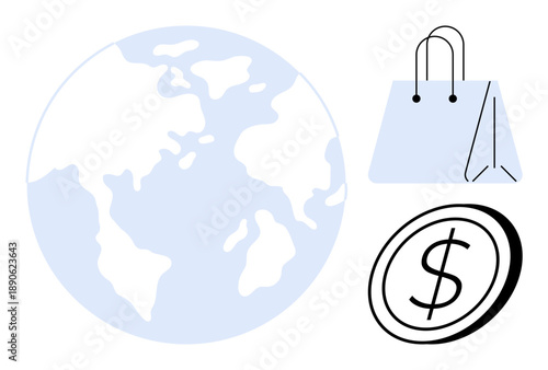 E-commerce, global trade, online shopping, digital economy, business transactions, retail industry. Globe, shopping bag dollar coin. E-commerce and global trade concepts