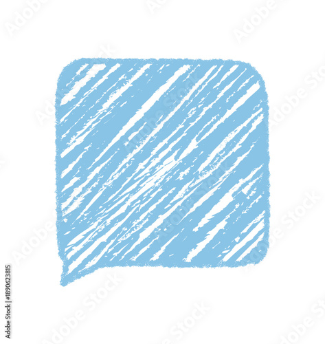 Blue crayon talk bubble in diagonal scribble style forms a unique textbox with organic rectangle sketch. Communication and message blend as chat speech shape for modern graphic concept.