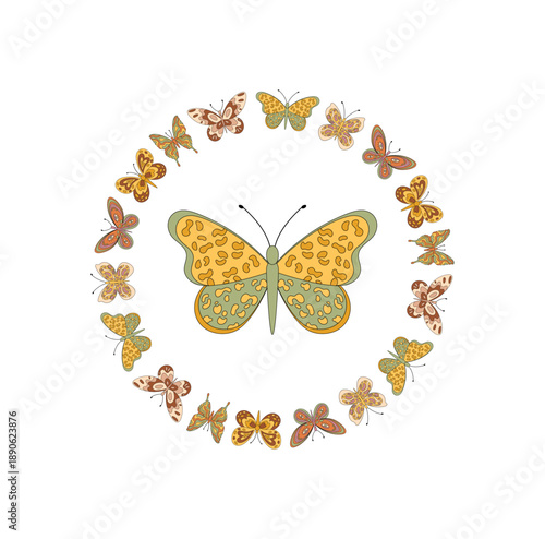 Groovy butterfly with retro seamless circle frame in colorful floral pattern. Border and spring nature background add trendy y2k vibe, with natural motif for modern cheerful decoration.