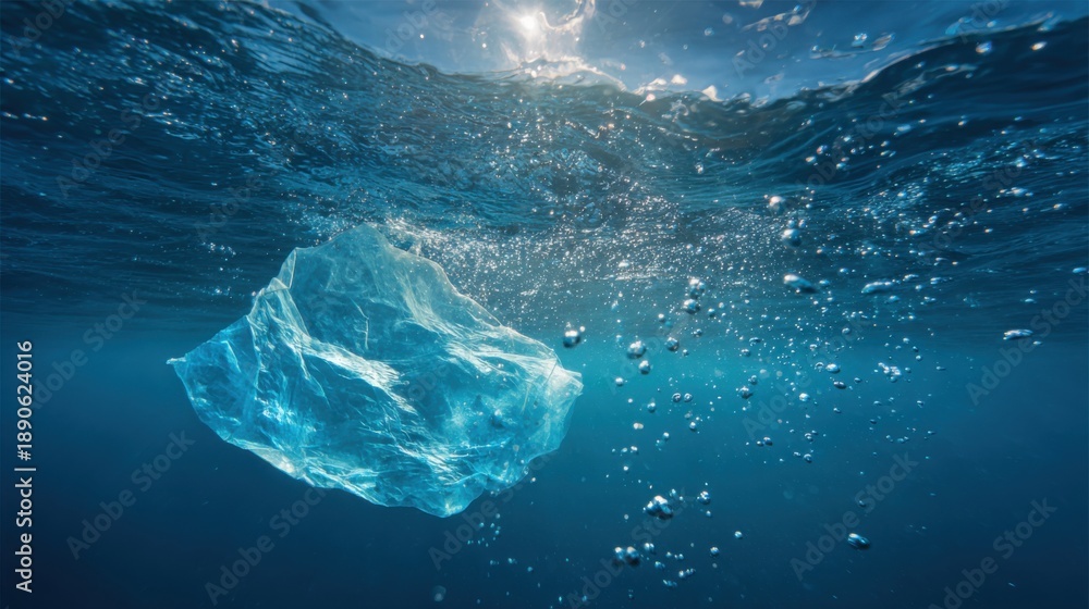 Fototapeta premium An iceberg drifts peacefully underwater surrounded by bubbles rising toward the surface. Sunlight breaks through the water creating a calming atmosphere.