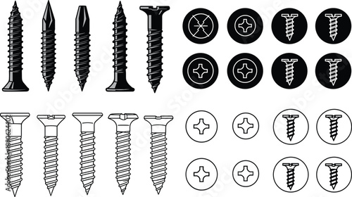 Black and white of various screws and screw heads hardware fasteners