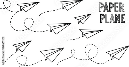 Black and white paper airplanes flying with dotted lines paper planes