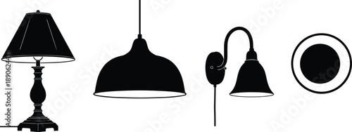 Black and white of various lamps and light fixtures silhouettes