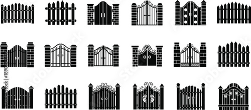 Black and white silhouettes of various gates and fences