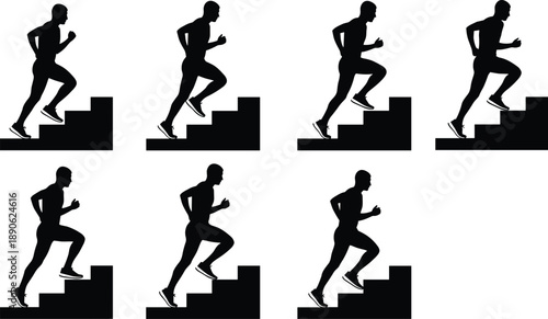 Black silhouettes of men running up stairs in various positions fitness