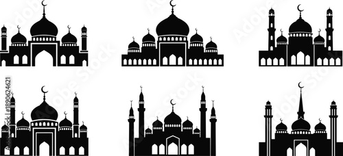 Black silhouettes of mosques with domes and minarets on white background