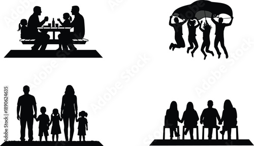 Black silhouettes of people in various social and family settings